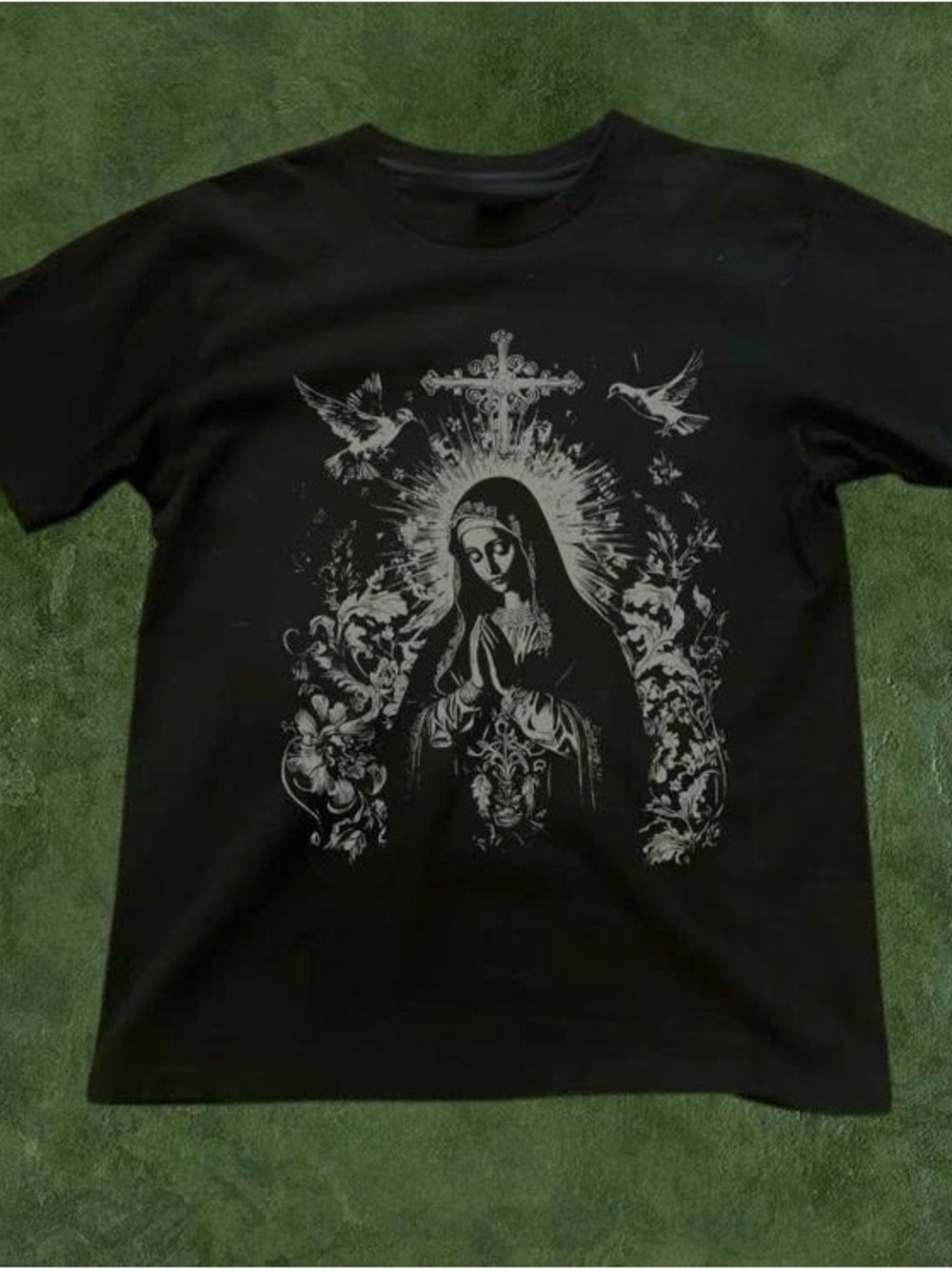 Black Short Sleeve Tee with Silver Madonna Prayer Graphic